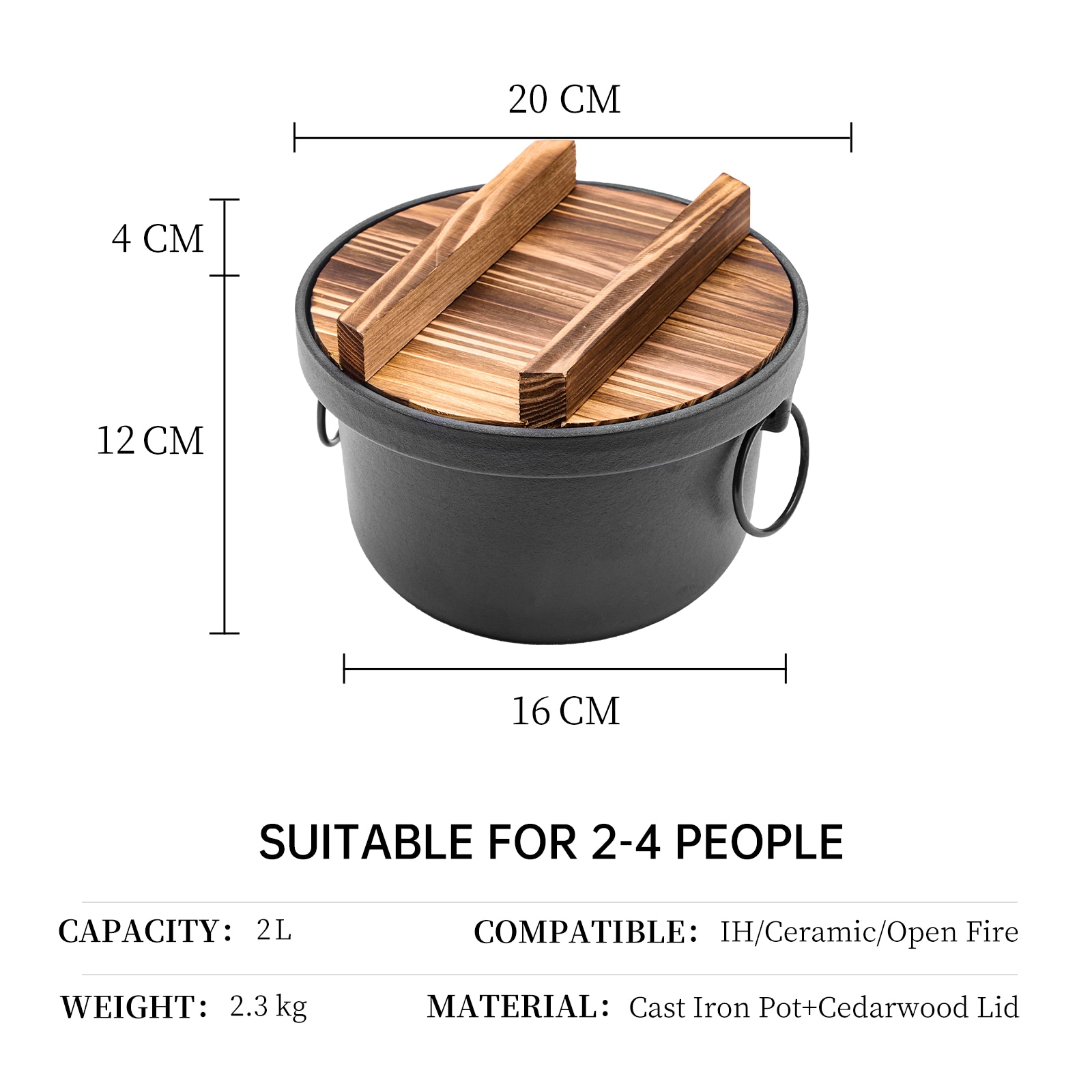 WANGYUANJI Cast Iron Dutch Oven With Wooden Lid, Safe And Non-Coatings, Deep Pot For Camping, 7.9" Cast Iron Pot With Handles For Cooking Rice, Soup, Skewers_voghion.com